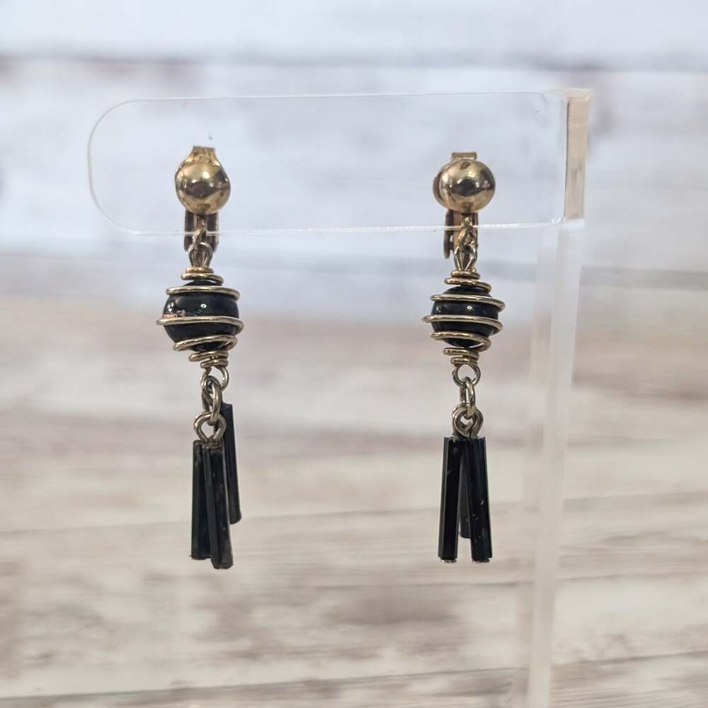 Vintage Clip On Earrings Black Dangle - Fair Condition